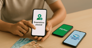 Pessoa mostrando no celular a tela de empréstimo pessoal, com cédulas de real sobre a mesa e apps de pagamento ao lado, representando empréstimos digitais no Brasil.