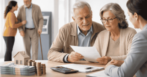 Casal de idosos analisando documentos com consultora, relacionados a empréstimos