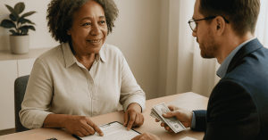 Mulher idosa conversa com consultor financeiro que mostra dinheiro e um contrato sobre a mesa, simbolizando negociação de empréstimos pessoais.