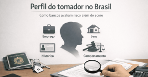 Análise do perfil do tomador no Brasil, mostrando critérios de avaliação de risco para empréstimos.
