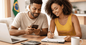 Casal analisando finanças em casa com celular, calculadora e anotações, representando dicas práticas para organização financeira e planejamento do orçamento.