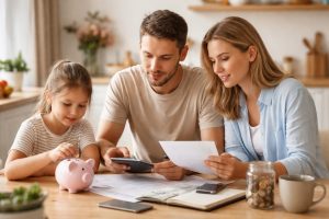 Família reunida à mesa analisando contas e utilizando calculadora enquanto a criança deposita moeda em cofrinho, com caderno, celular e frasco com moedas sobre a mesa, representando organização do orçamento doméstico, educação financeira infantil e dicas práticas para planejamento financeiro familiar.