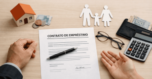 Contrato de empréstimos sobre a mesa com caneta para assinatura, mãos em negociação, calculadora, carteira com dinheiro, óculos e símbolos de família e moradia, representando planejamento financeiro e decisões conscientes sobre empréstimos.