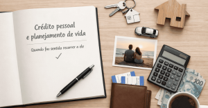 imagem mostra um caderno aberto sobre uma mesa de madeira com a frase “Crédito pessoal e planejamento de vida – Quando faz sentido recorrer a ele”. Ao redor, há uma caneta, chaves com chaveiro em formato de casa, uma miniatura de carro e uma casa de madeira, simbolizando objetivos como moradia e veículo. Também aparecem uma carteira com cartões, dinheiro em reais, uma calculadora, uma xícara de café e uma foto de um casal na praia.