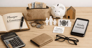 Imagem sobre dicas de organização financeira mostrando caderno com “Planejar & Economizar”, calculadora, moedas, carteira, cofre em formato de porquinho, casa de madeira, contas e celular com a mensagem “Renda Instável”, representando planejamento e controle do orçamento familiar.