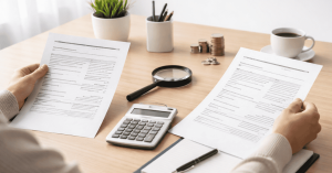 Imagem que representa o processo de análise e verificação de documentos financeiros associados a pedidos de crédito. Sobre uma mesa de madeira, uma pessoa segura dois documentos com informações financeiras detalhadas, possivelmente formulários ou contratos de financiamento. No centro da mesa encontra-se uma calculadora utilizada para calcular valores, taxas ou prestações. Ao lado está uma lupa, sugerindo revisão cuidadosa das condições ou termos do contrato. No fundo da cena aparecem pilhas de moedas, uma chávena de café, um vaso com planta e um suporte com canetas, criando um ambiente de trabalho organizado. A imagem transmite a ideia de avaliação de condições financeiras e comparação de documentos antes de solicitar ou aprovar empréstimos.