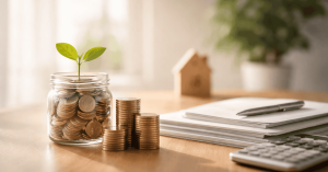 Imagem que representa poupança e planeamento financeiro a longo prazo. Em primeiro plano encontra-se um frasco de vidro cheio de moedas, do qual cresce uma pequena planta verde, simbolizando crescimento financeiro e desenvolvimento de poupanças ao longo do tempo. Ao lado do frasco estão várias pilhas de moedas organizadas, reforçando a ideia de acumulação gradual de capital. Sobre a mesa também se encontram documentos organizados com uma caneta em cima e uma calculadora parcialmente visível, sugerindo controlo de despesas, gestão de orçamento e planeamento financeiro. No fundo da imagem aparece ainda uma pequena maquete de casa e uma planta decorativa, criando um ambiente tranquilo que remete para objetivos financeiros como estabilidade, investimento ou compra de habitação.